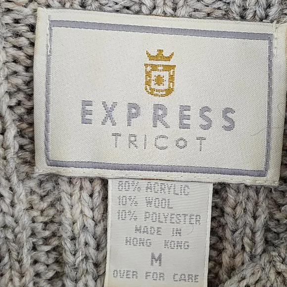 Vtg Express Tricot Beige Ribbed Knit Sweater Wool Blend Crew Neck  Womens M GT - Picture 4 of 6